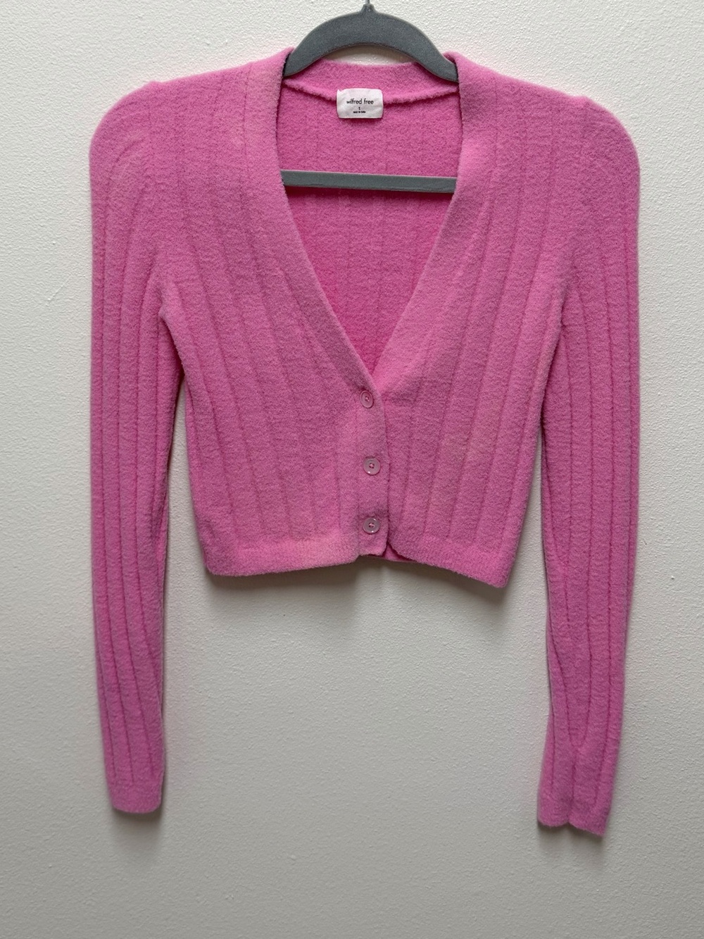 Aritzia Pink Ribbed V-Neck Button-Front Cropped Sweater